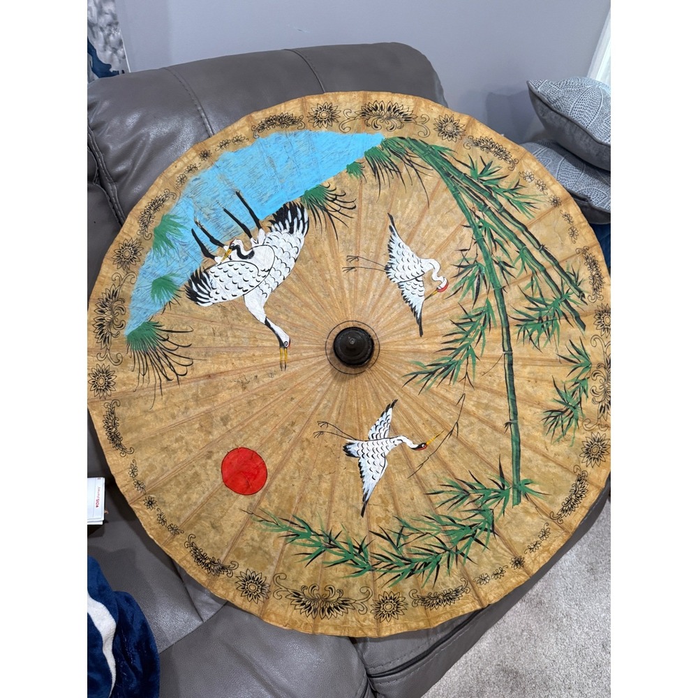 Vintage Japanese Parasol Paper Umbrella Crane Bamboo Art‎ Decor Asian Decor